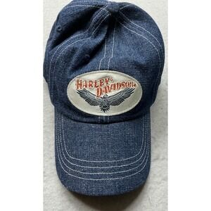 Harley-Davidson Hat Eagle Patch Blue Denim Pinstripe OSFM Adjustable Strap